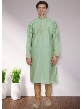 Readymade Dupion Silk Mens Plain Kurta Pajama In Pastel Green