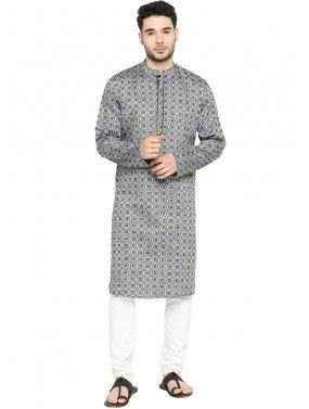 Grey Digital Printed Cotton Readymade Mens Kurta Pajama