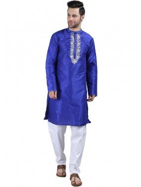 Readymade Dupion Silk Mens Kurta Pajama In Royal Blue
