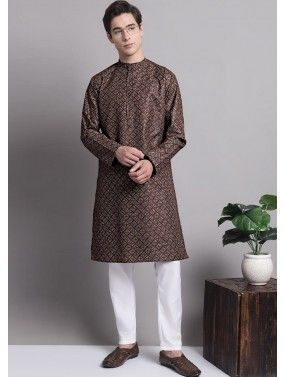 Brown Readymade Digital Printed Mens Kurta Pajama In Cotton