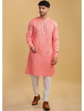 Readymade Cotton Mens Plain Kurta Pajama In Pink