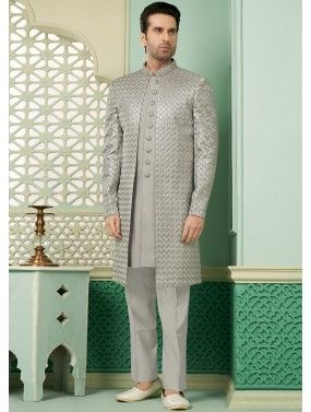 Grey Embroidered Indo Western Sherwani Set