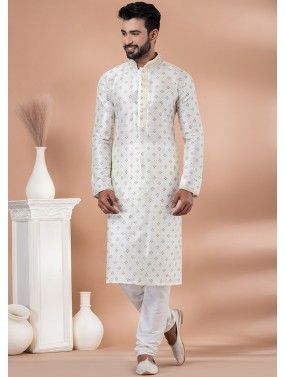 White Printed Kurta Pajama In Banarasi Silk
