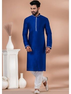 Blue Mens Kurta Pajama In Banarasi Silk