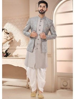 Grey Printed Jacket Style Dhoti With Sherwani