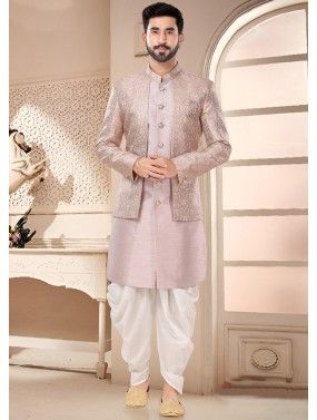 Pink Printed Jacket Style Dhoti With Sherwani