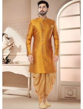 Yellow Readymade Indowestern Sherwani & Dhoti In Art Silk