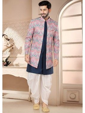 Blue & Pink Jacket Style Readymade Sherwani & Dhoti In Art Silk