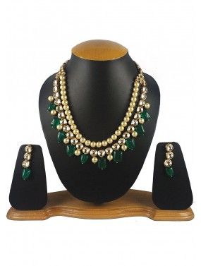 Golden Green Multilayered Necklace With Earrings 
