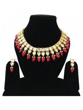Golden Red Kundan Stone Studded Necklace Set