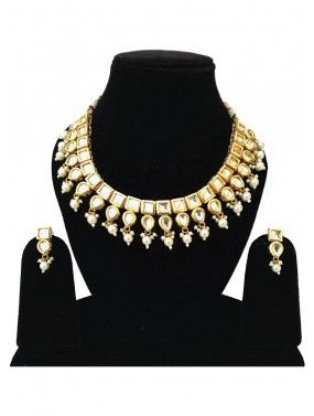 Golden White Kundan Stone Studded Necklace Set