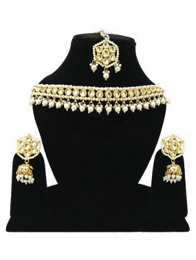 Golden White Beaded Choker Necklace Set