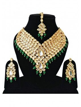 Green Golden Stone Studded Kundan Necklace Set