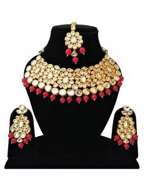 Red Golden Stone Studded Kundan Necklace Set
