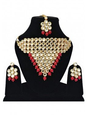 Golden Red Stone Studded Kundan Necklace Set