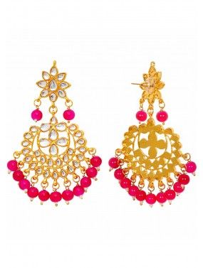 Golden Pink Kundan Chandbalis Style Earinngs