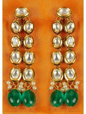 Golden Green Kundan Stone Studded Earinngs