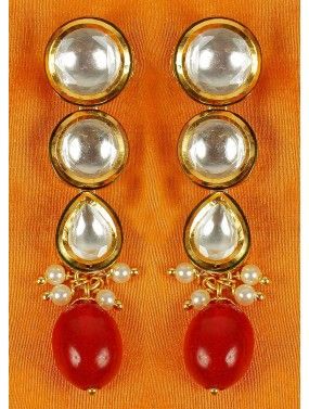 Golden Red Kundan Stone Studded Earinngs