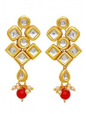 Golden Red Kundan Stone Studded Earinngs