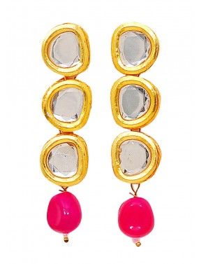 Golden Pink Kundan Stone Studded Earinngs
