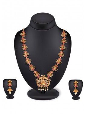 Golden Pink Stone Studded Traditional Necklace Set 