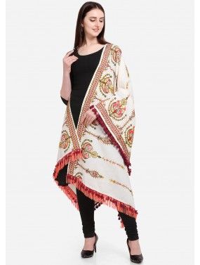 White Cotton Dupatta With Thread Embroidery