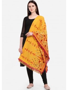 Yellow Cotton Embroidered Dupatta For Festive Wear