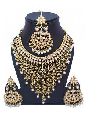 Golden White Kundan and Pearl Necklace Set