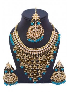Golden Blue Kundan and Pearl Necklace Set