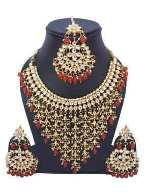 Golden Red Pearl and Kundan Necklace Set