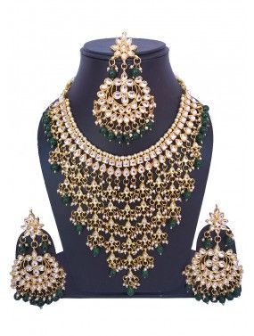 Golden Green Kundan and Pearl Necklace Set