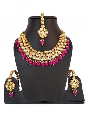 Golden Pink Stone Studded Kundan Necklace Set