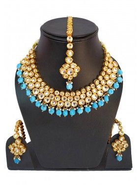 Golden Blue Stone Studded Kundan Necklace Set
