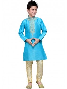 Readymade Turquoise Art Silk Kids Kurta Pajama