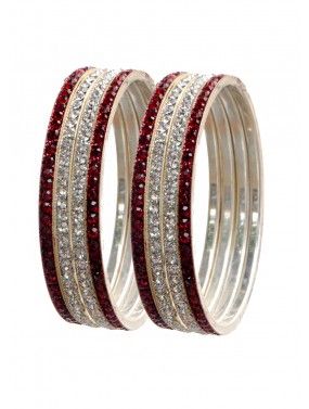 Stone Studded Silver and Maroon Bangle Set
