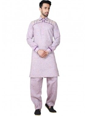 Readymade Purple Linen Pathani Suit Set