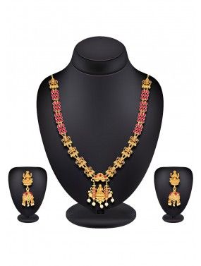 Golden and Pink Stone Studded Traditional Neckalce  Set