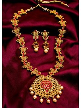 Pink GoldenTraditional Stone Studded Necklace Set