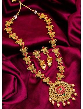 Golden Pink Stone Studded Necklace Set