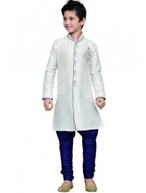 Readymade White Art Silk Kids Kurta Pajama