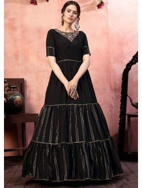 Black Silk Embroidered Tiered Style Gown 