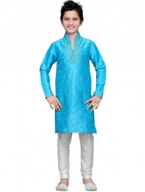 Readymade Turquoise Art Silk Kids Kurta Pajama