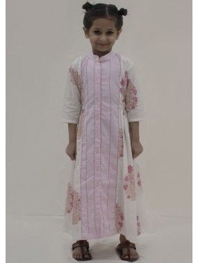 Pink and White Block Printed Paneled Kids Dress