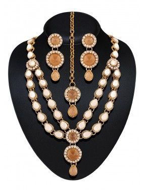 Stone Studded Golden and Orange Layered Necklace Set