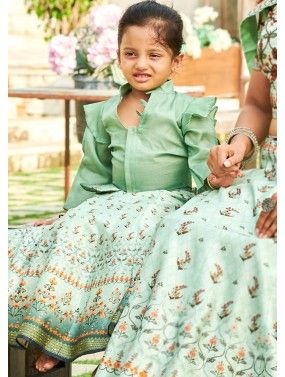 Turquoise Silk Floral Digital Printed Kids Lehenga Choli