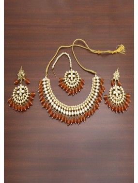 Stone Studded and Pearl Beaded Orange Necklace Set
