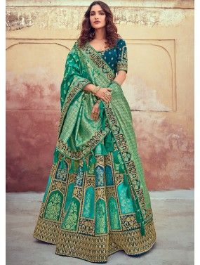 Turquoise Woven Bridal Lehenga Choli In Silk