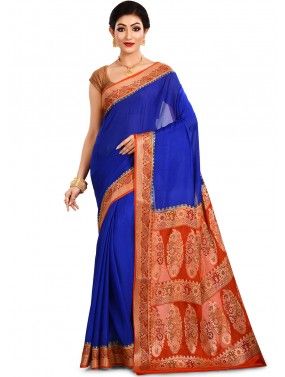Blue And Red Woven Silk Saree