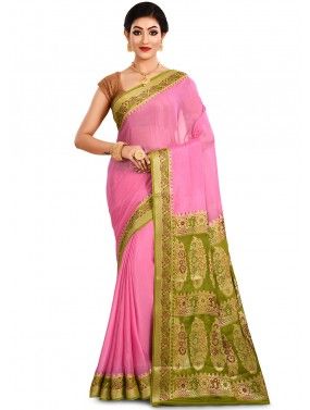 Pink And Green Woven Silk Saree