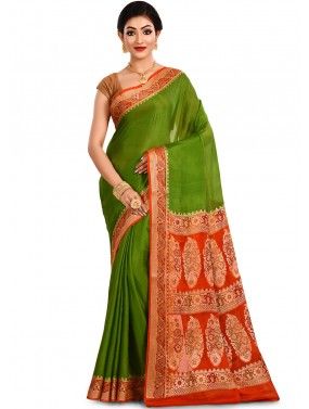 Green And Red Silk Woven Saree